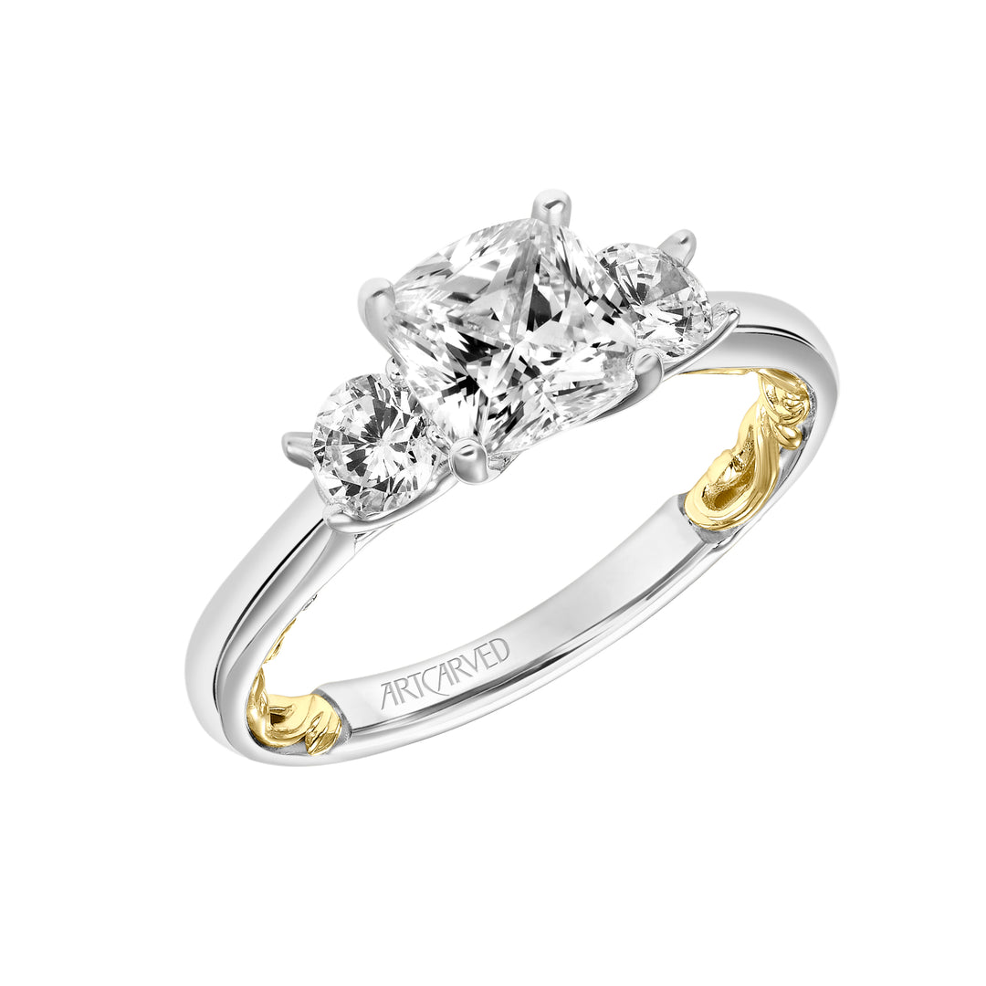 Lyric 3-Stone Engagement Ring with Inner Carved details and Polished Shank.  Center Stone is not included.