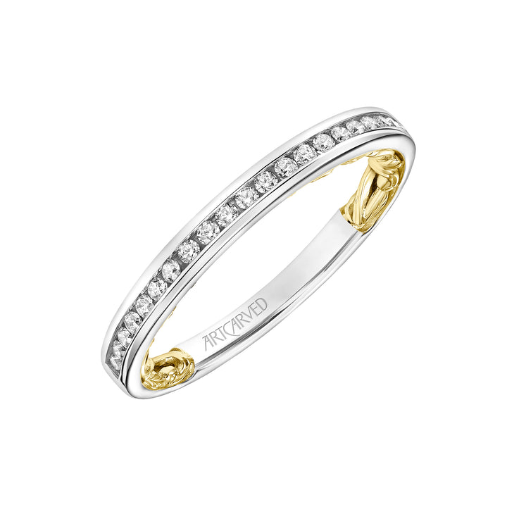 Lyric Channel Set Diamond Wedding Band with Inner Carved details