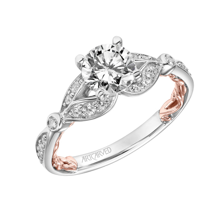 31-V918-E - ARTCARVED - Lyric Engagement Ring with Inner Carved details and Milgrain Petal Accents and Diamond Shank