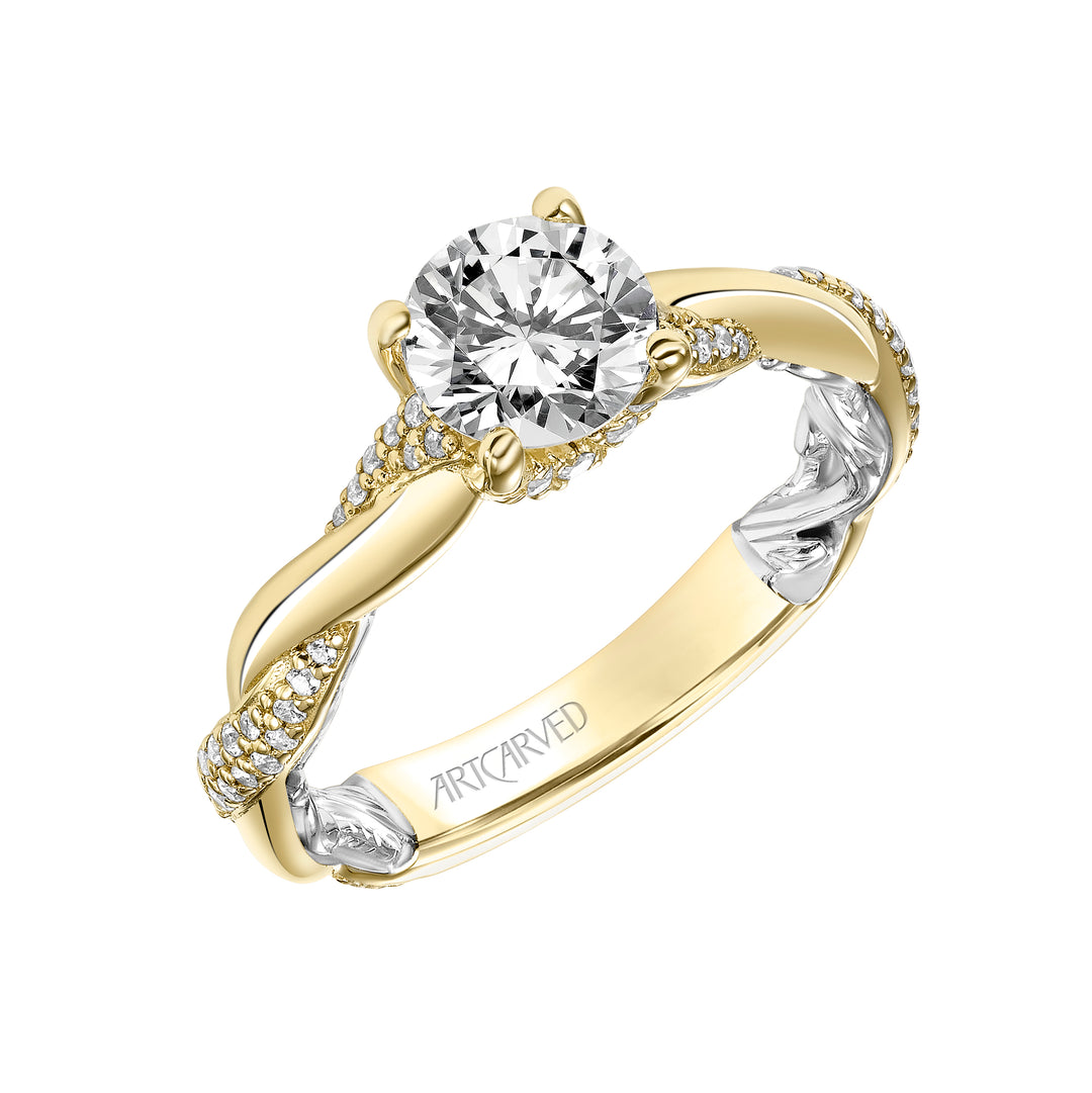 31-V920-E - ARTCARVED - Lyric Engagement Ring with Diamond Accent basket and Inner Carved details with Alternating Diamond and Polish Twist Shank