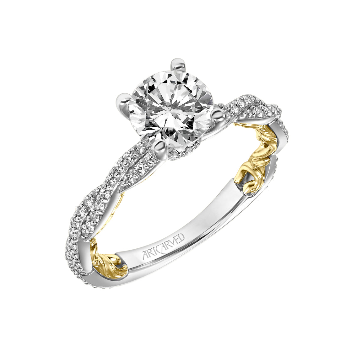 31-V921-E - ARTCARVED - Lyric Engagement Ring with Diamond Collar and Inner Carved details and Twist Diamond Shank