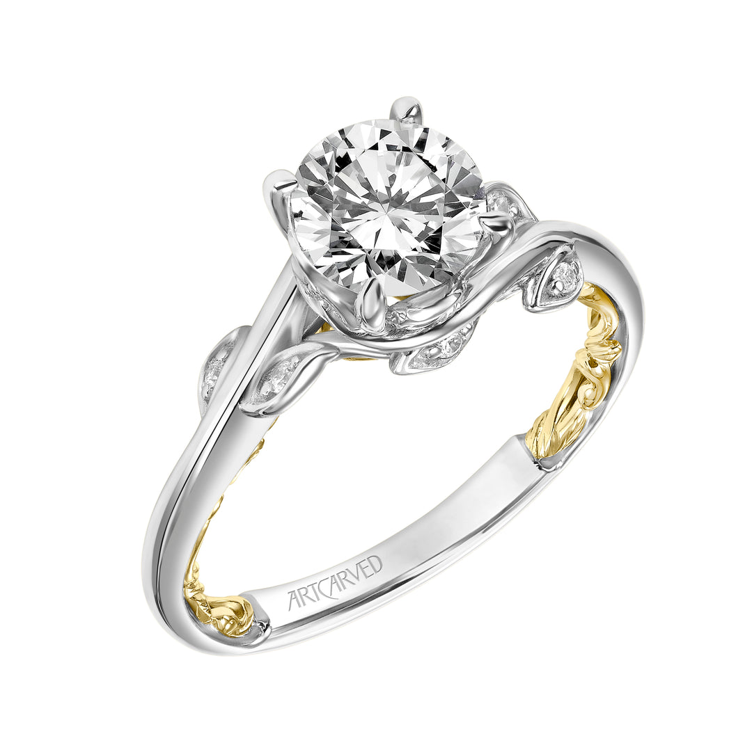 31-V922GRWY-E.01 - ARTCARVED - Lyric Engagement Ring with Diamond Accented Petal Gallery and Inner Carved details and Polished Shank