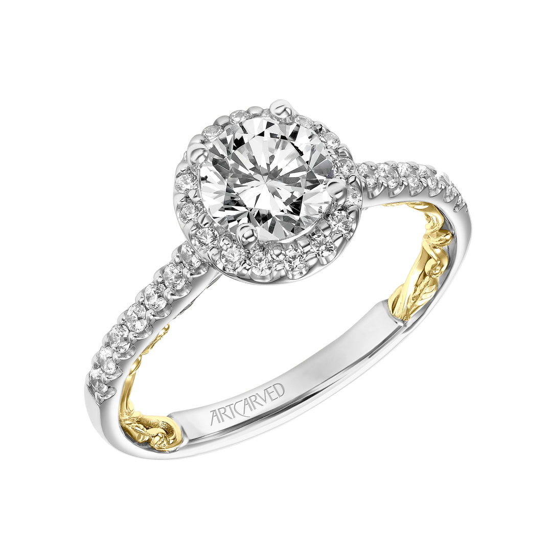 31-V924-E - ARTCARVED - Lyric Engagement Ring with Round Diamond Halo and Accented Diamond Gallery with Inner Carved details and Diamond Shank