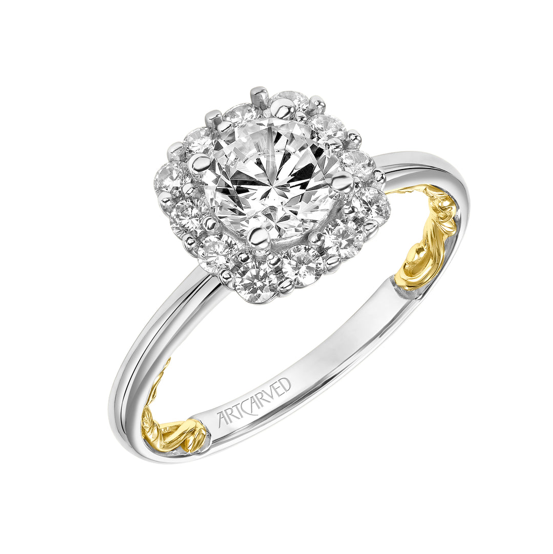 31-V926-E - ARTCARVED - Lyric Engagement Ring with Cushion Diamond Halo and Accented Diamond Gallery with Polished Shank