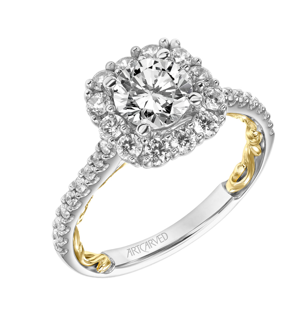 31-V930ERWY-E.01 - ARTCARVED - Lyric Engagement Ring with Cushion Diamond Halo and Accented Diamond Gallery with Diamond Shank