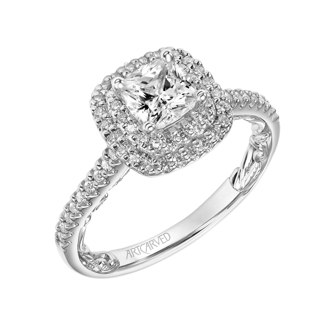 31-V931-E - ARTCARVED - Lyric Engagement Ring with Cushion Double Diamond Halo and Accented Diamond Gallery with Diamond Shank