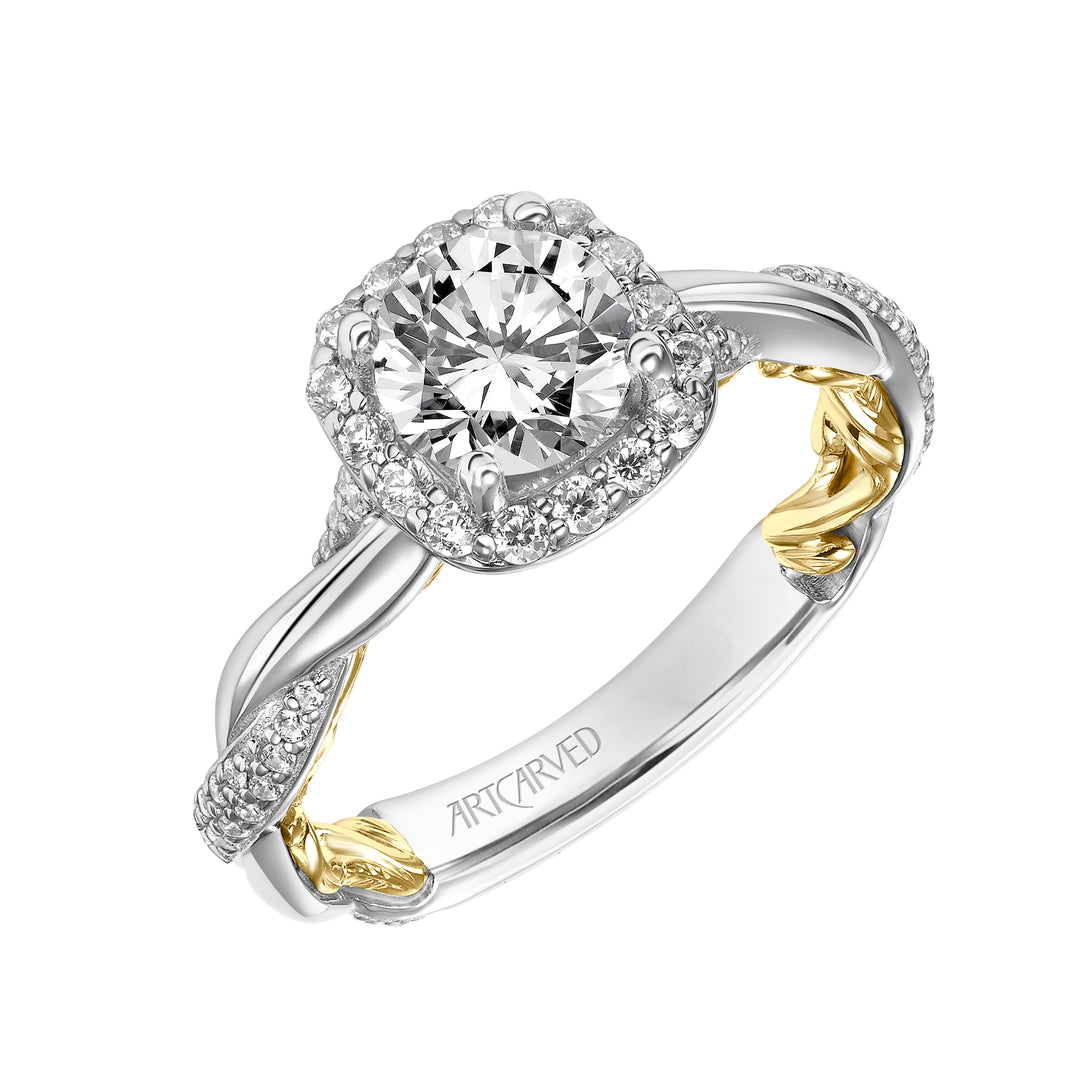 31-V933-E - ARTCARVED - Lyric Engagement Ring with Cushion Diamond Halo and Accented Diamond Gallery with Twist Diamond and Polished Shank