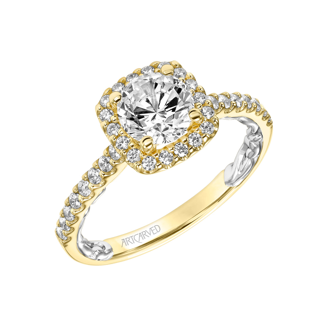 31-V934ERYW-E.01 - Goldman - Lyric Engagement Ring with Cushion Diamond Halo and Accented Diamond Gallery with Diamond Shank