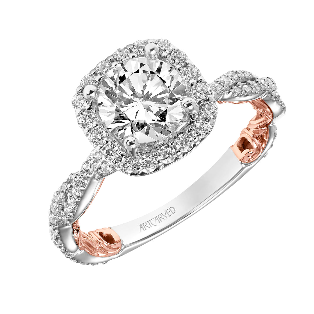 31-V955-E - ARTCARVED - Lyric Engagement Ring with Cushion Diamond Halo and Accented Diamond Gallery with Inner Carved details and Diamond Shank