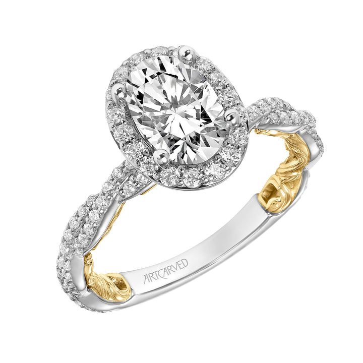 Lyric Engagement Ring with Oval Diamond Halo and Accented Diamond Gallery with Inner Carved details and Diamond Shank.  Center Stone is not included.
