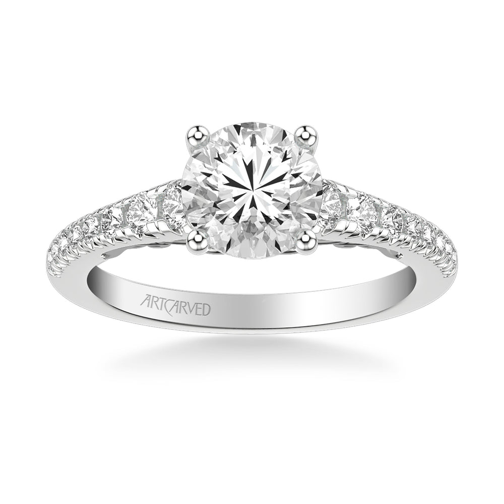 31-V1009-E - ARTCARVED - Lyric Engagement Ring with Carved Gallery details and Graduated Diamond Shank