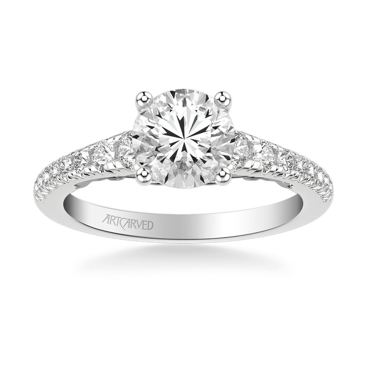 31-V1009-E - ARTCARVED - Lyric Engagement Ring with Carved Gallery details and Graduated Diamond Shank