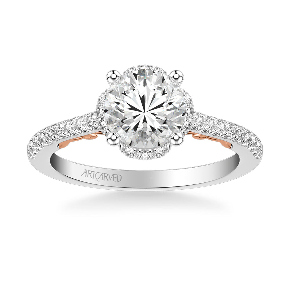 Lyric Engagement Ring with Round Diamond Halo and Carved Gallery details with  Diamond Shank.  Center Stone is not included.
