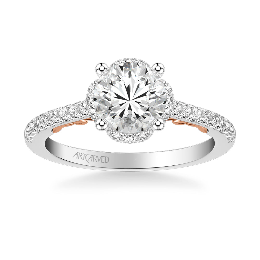 Lyric Engagement Ring with Round Diamond Halo and Carved Gallery details with  Diamond Shank.  Center Stone is not included.