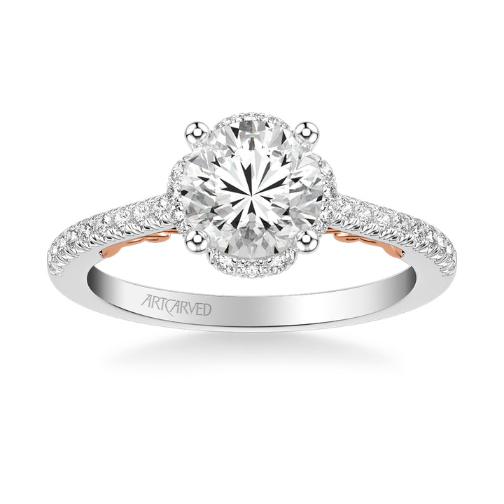 Lyric Engagement Ring with Round Diamond Halo and Carved Gallery details with  Diamond Shank.  Center Stone is not included.
