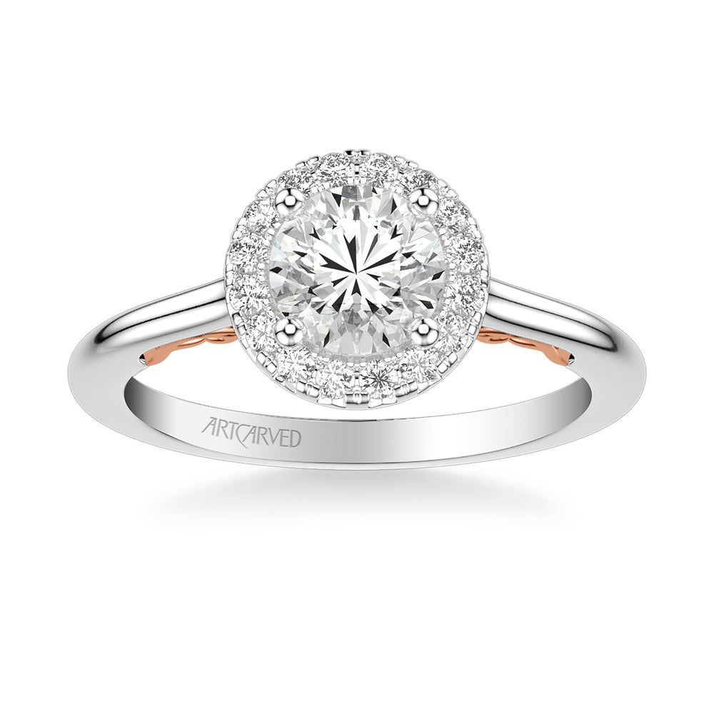 31-V1011-E - ARTCARVED - Lyric Engagement Ring with Round Diamond Halo and Carved Gallery details with Polished Shank