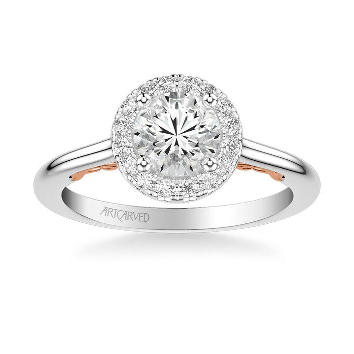 31-V1011-E - ARTCARVED - Lyric Engagement Ring with Round Diamond Halo and Carved Gallery details with Polished Shank