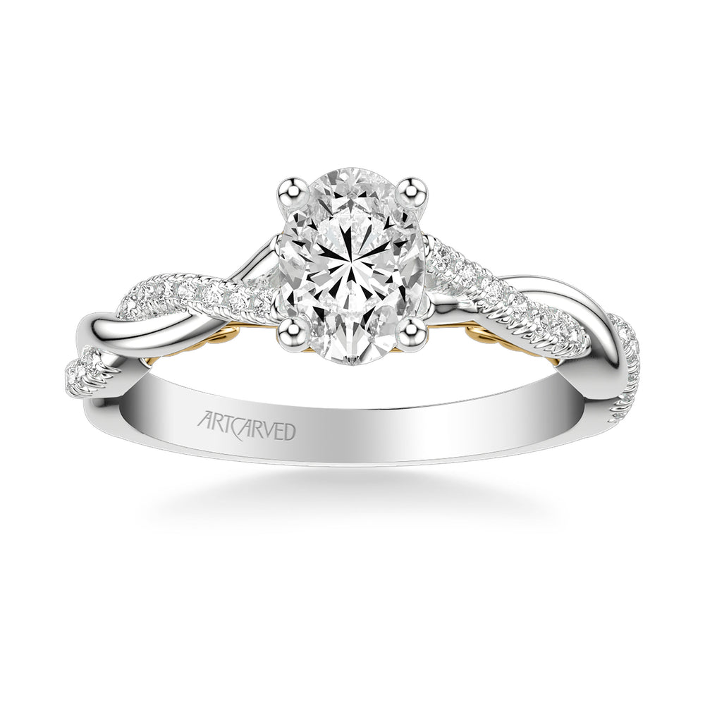 Lyric Engagement Ring with Carved Gallery details and Alternating Diamond and Polish Twist Shank