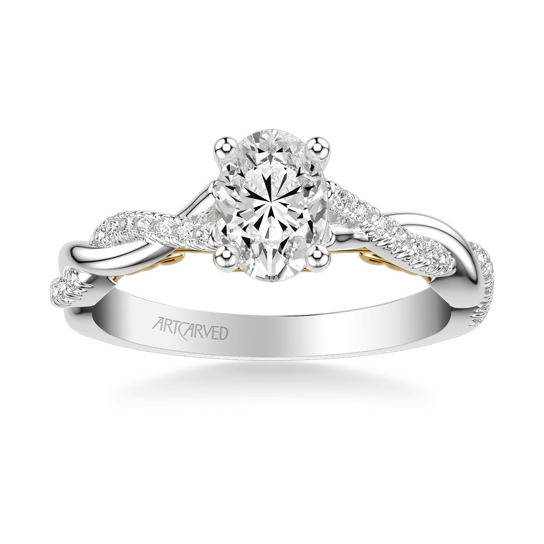 Lyric Engagement Ring with Carved Gallery details and Alternating Diamond and Polish Twist Shank.  Center Stone is not included.