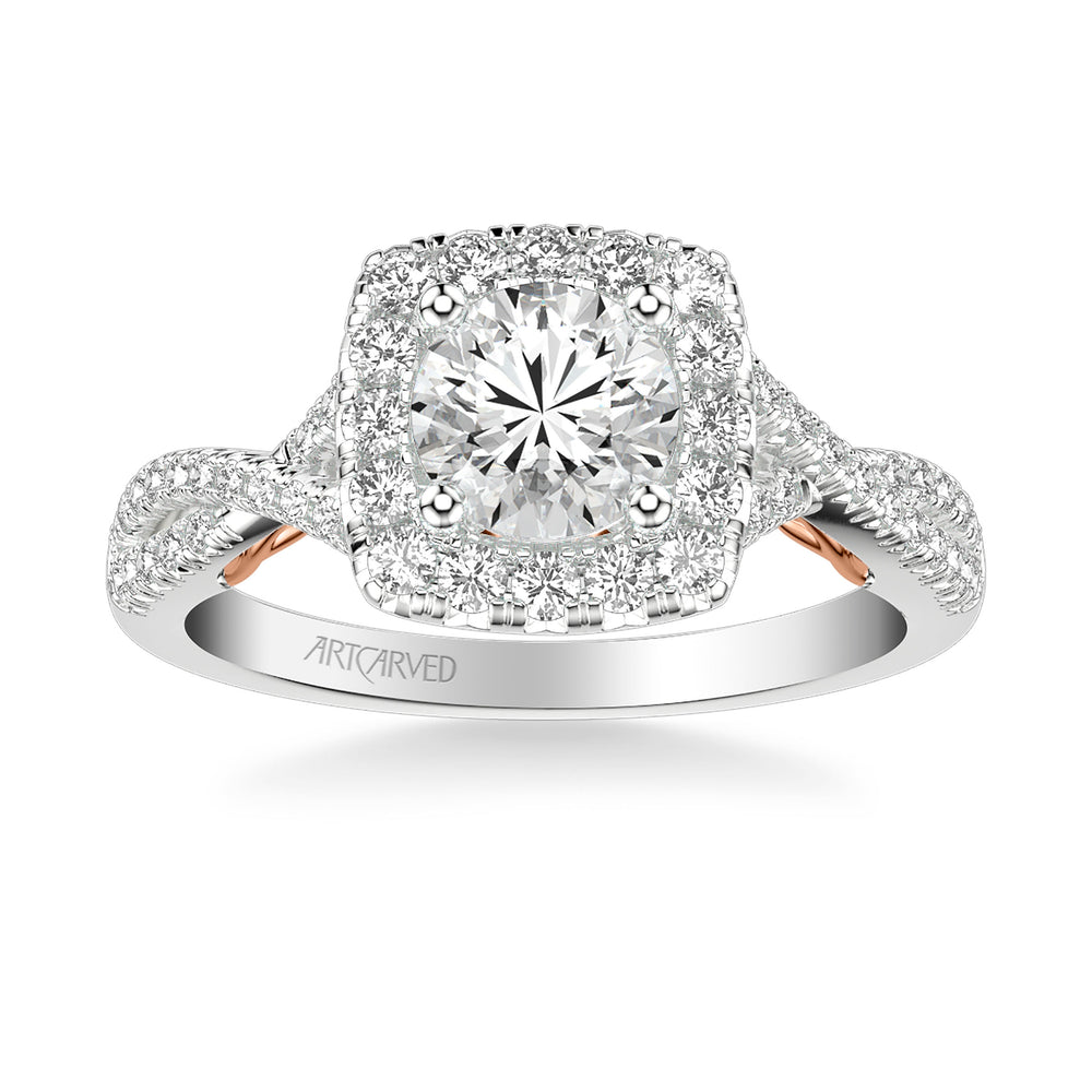 Lyric Engagement Ring with Cushion Diamond Halo and Carved Gallery details with Twist Diamond Shank.  Center Stone is not included.