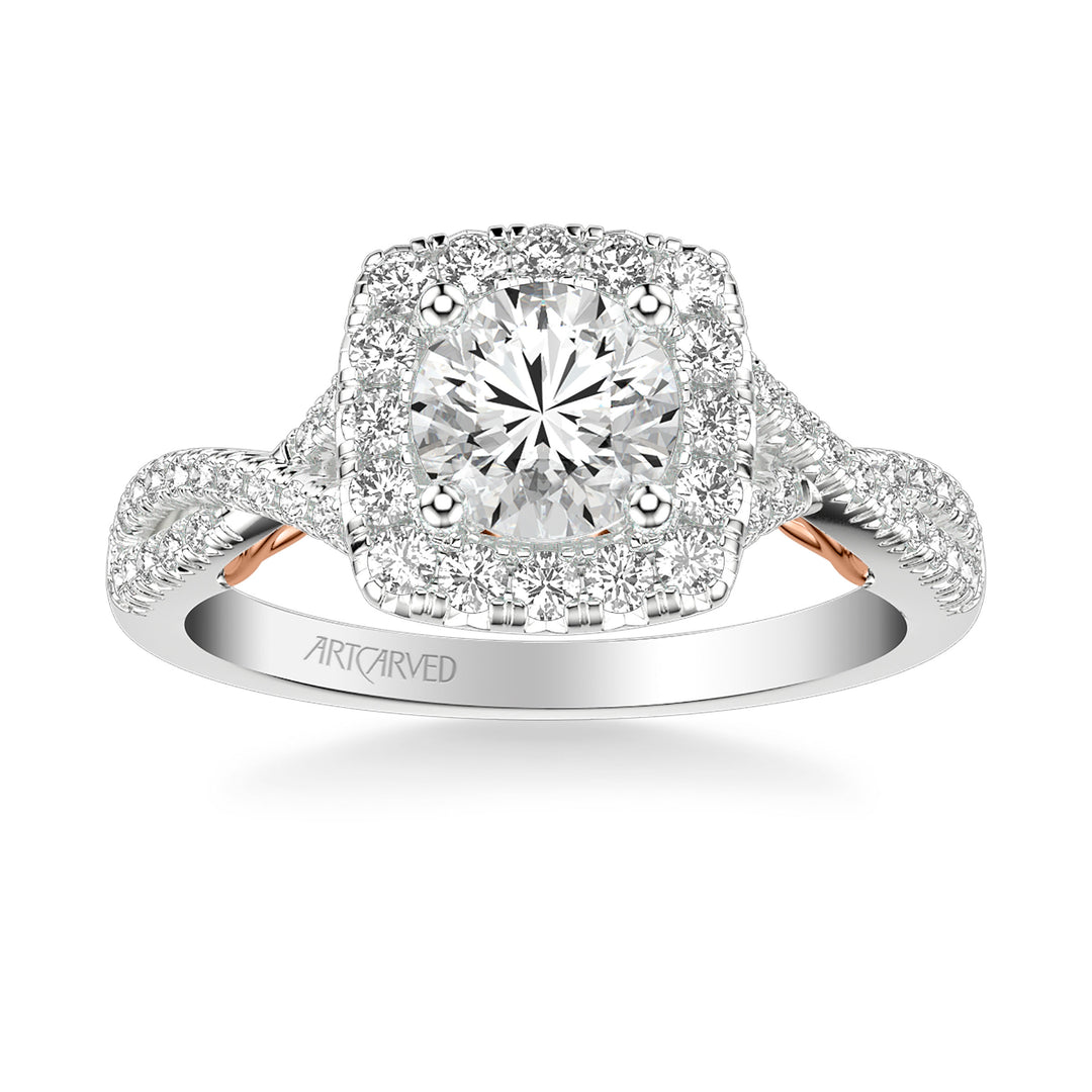 Lyric Engagement Ring with Cushion Diamond Halo and Carved Gallery details with Twist Diamond Shank.  Center Stone is not included.