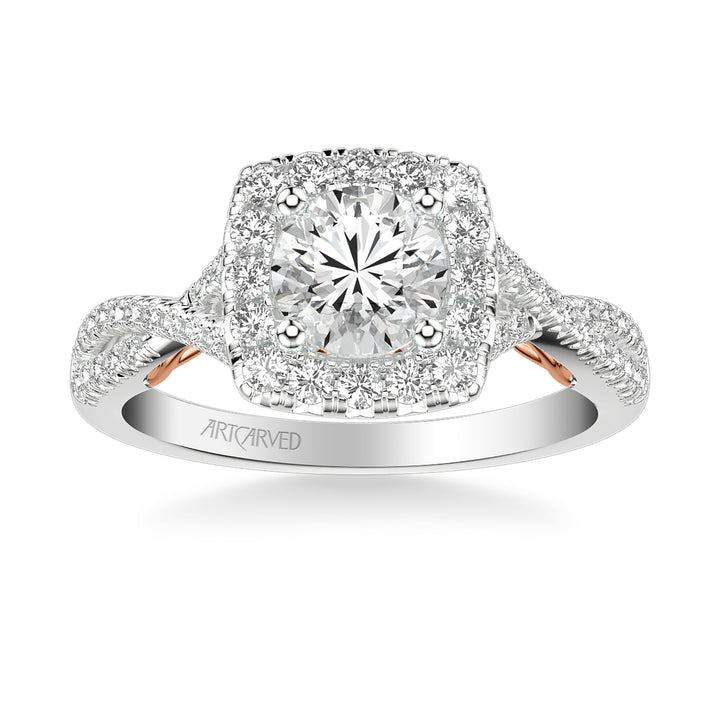 Lyric Engagement Ring with Cushion Diamond Halo and Carved Gallery details with Twist Diamond Shank.  Center Stone is not included.