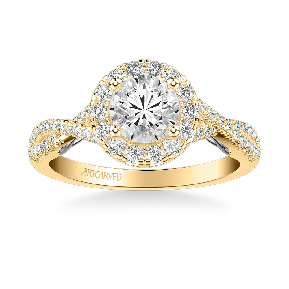 31-V1014-E - ARTCARVED - Lyric Engagement Ring with Round Diamond Halo and Carved Gallery details with Twist Diamond Shank
