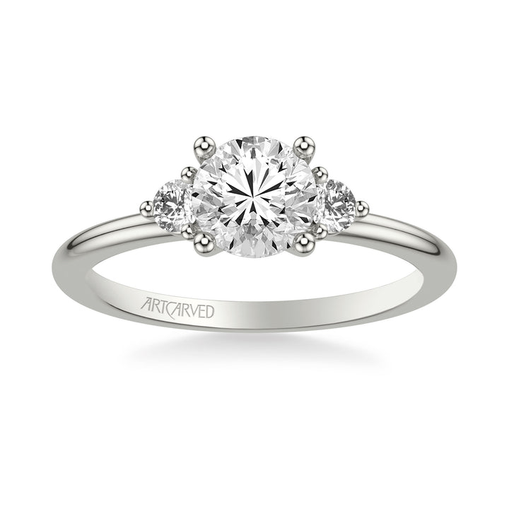 Classic Three-Stone Engagement Ring with Round Side Stone Diamonds.  Center Stone is not included.