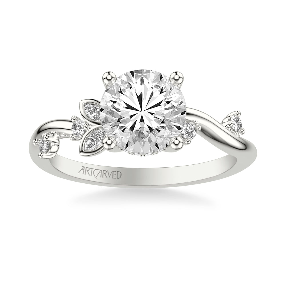 31-V1034-E - ARTCARVED - Floral Engagement Ring with Asymmetrical Marquise Diamond Petals and Round Floating Diamond Accent Shank