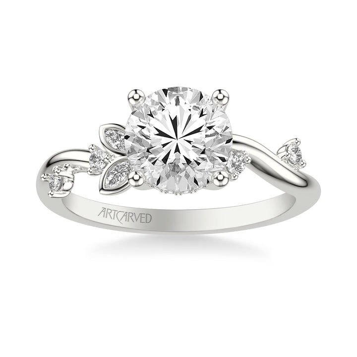 31-V1034-E - ARTCARVED - Floral Engagement Ring with Asymmetrical Marquise Diamond Petals and Round Floating Diamond Accent Shank