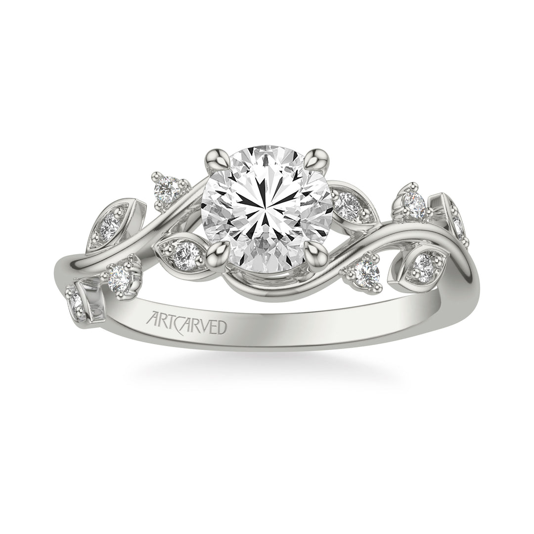 Floral Engagement Ring with Diamond Petal Accents and Floating Diamonds and Polished Shank
