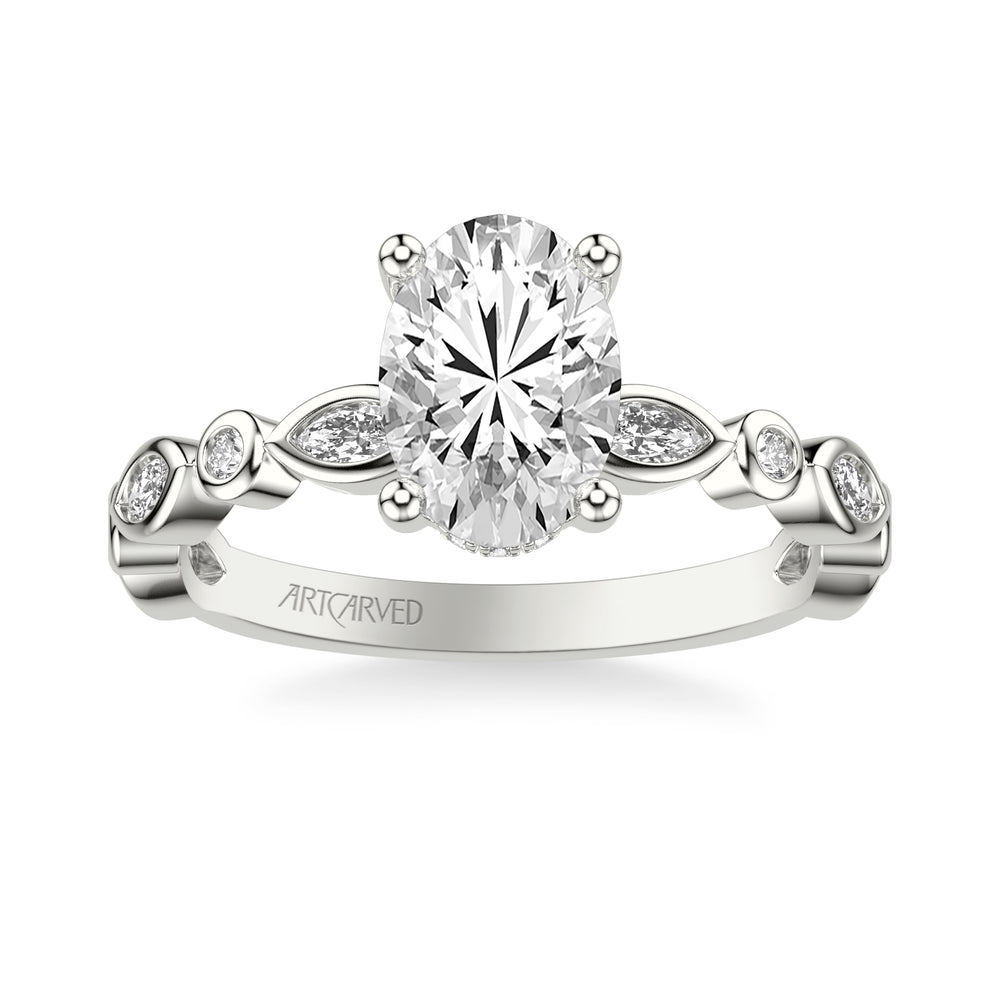 Floral Engagement Ring with Hidden Diamond Halo and Alternating Bezel Set Marquise and Round Diamonds.  Center Stone is not included.