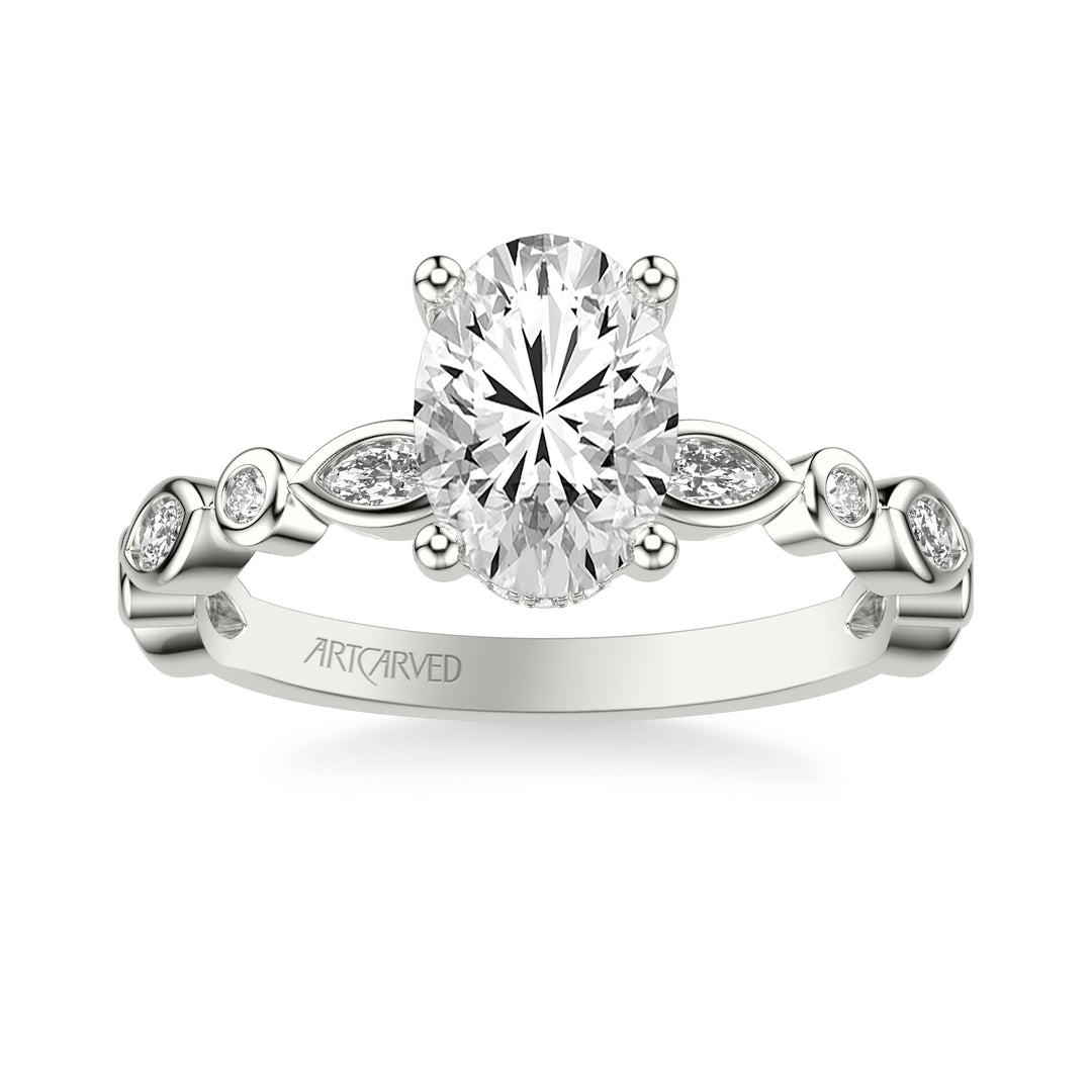 Floral Engagement Ring with Hidden Diamond Halo and Alternating Bezel Set Marquise and Round Diamonds.  Center Stone is not included.