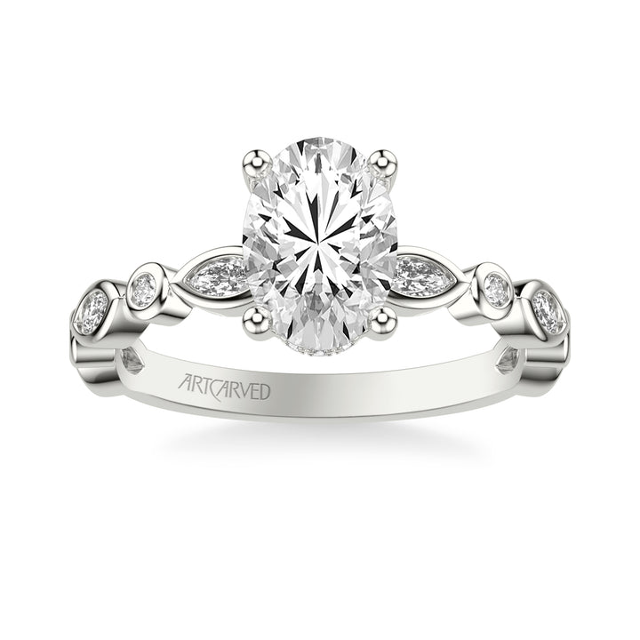 Floral Engagement Ring with Hidden Diamond Halo and Alternating Bezel Set Marquise and Round Diamonds