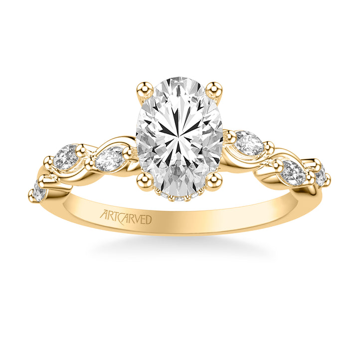 31-V1070GRY-E.01 - ARTCARVED - Floral Engagement Ring with Hidden Diamond Halo and Twisted Vine Bezel Set Marquise Diamonds