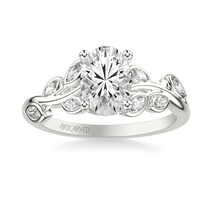 Floral Engagement Ring with Bezel Set Marquise Diamond Petals and Hidden Diamond Accents.  Center Stone is not included.