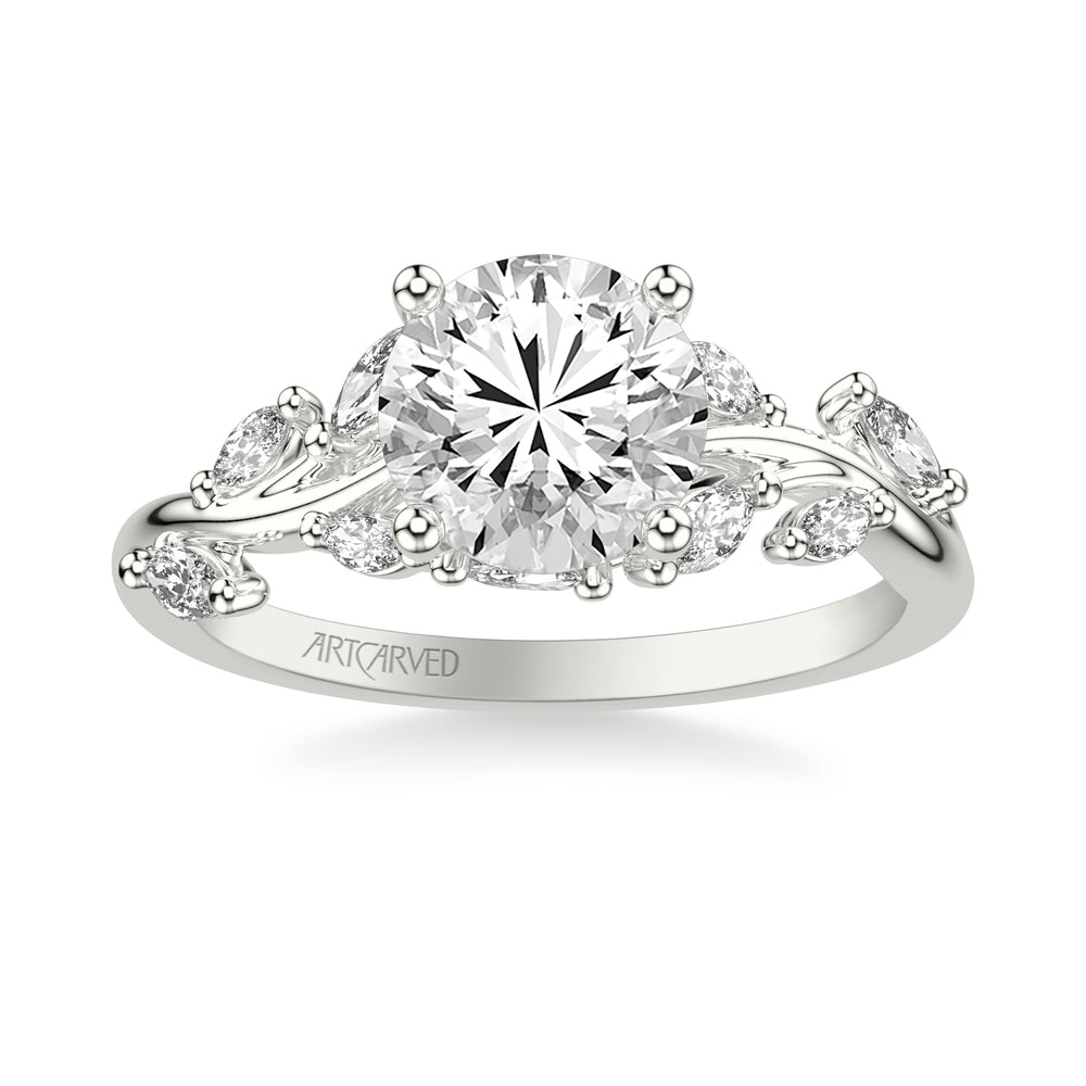Floral Engagement Ring with Prong Set Marquise Diamonds and Hidden Diamond Accent.  Center Stone is not included.