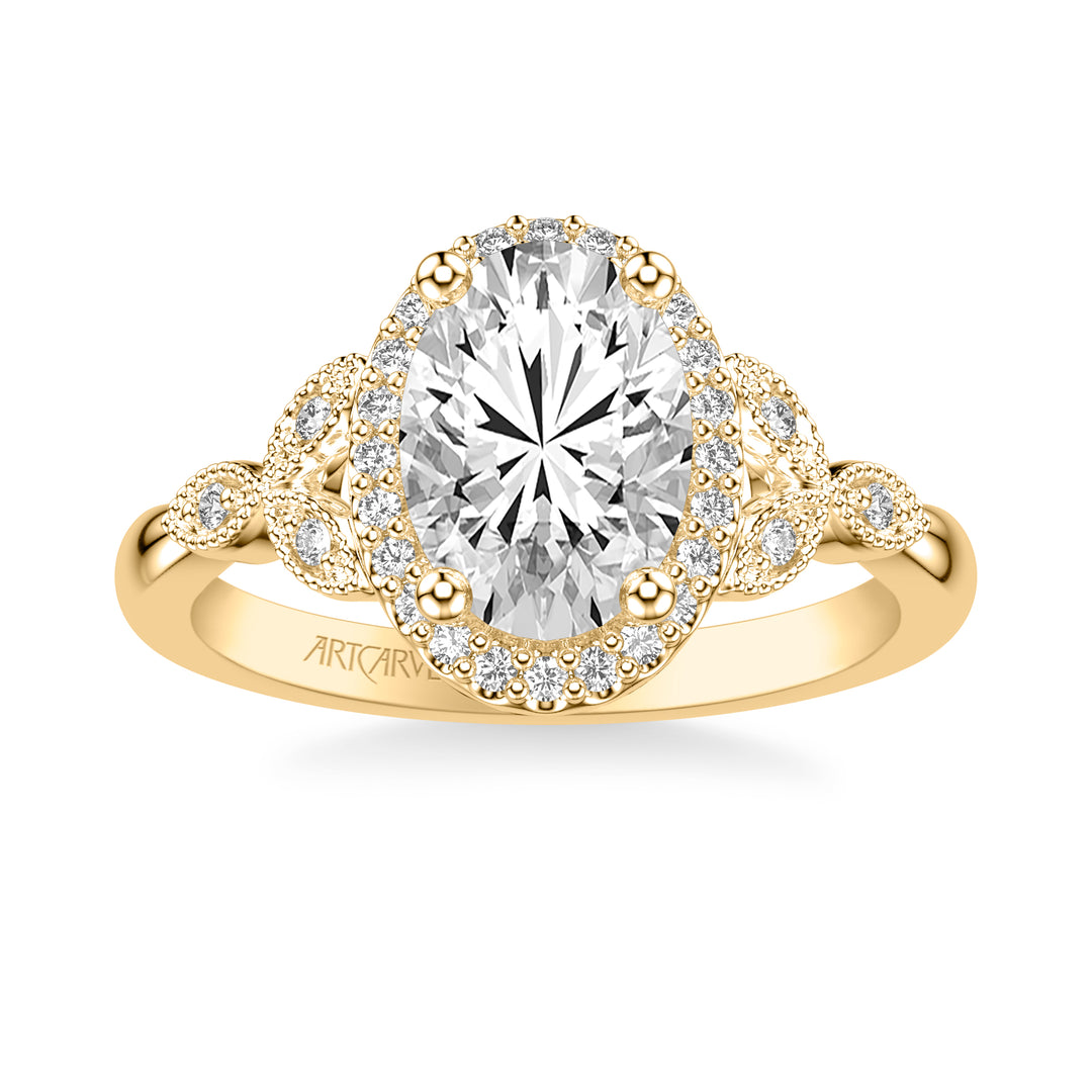 Floral Engagement Ring with Oval Diamond Halo and Milgrain Marquise Shape Diamond Petals.  Center Stone is not included.