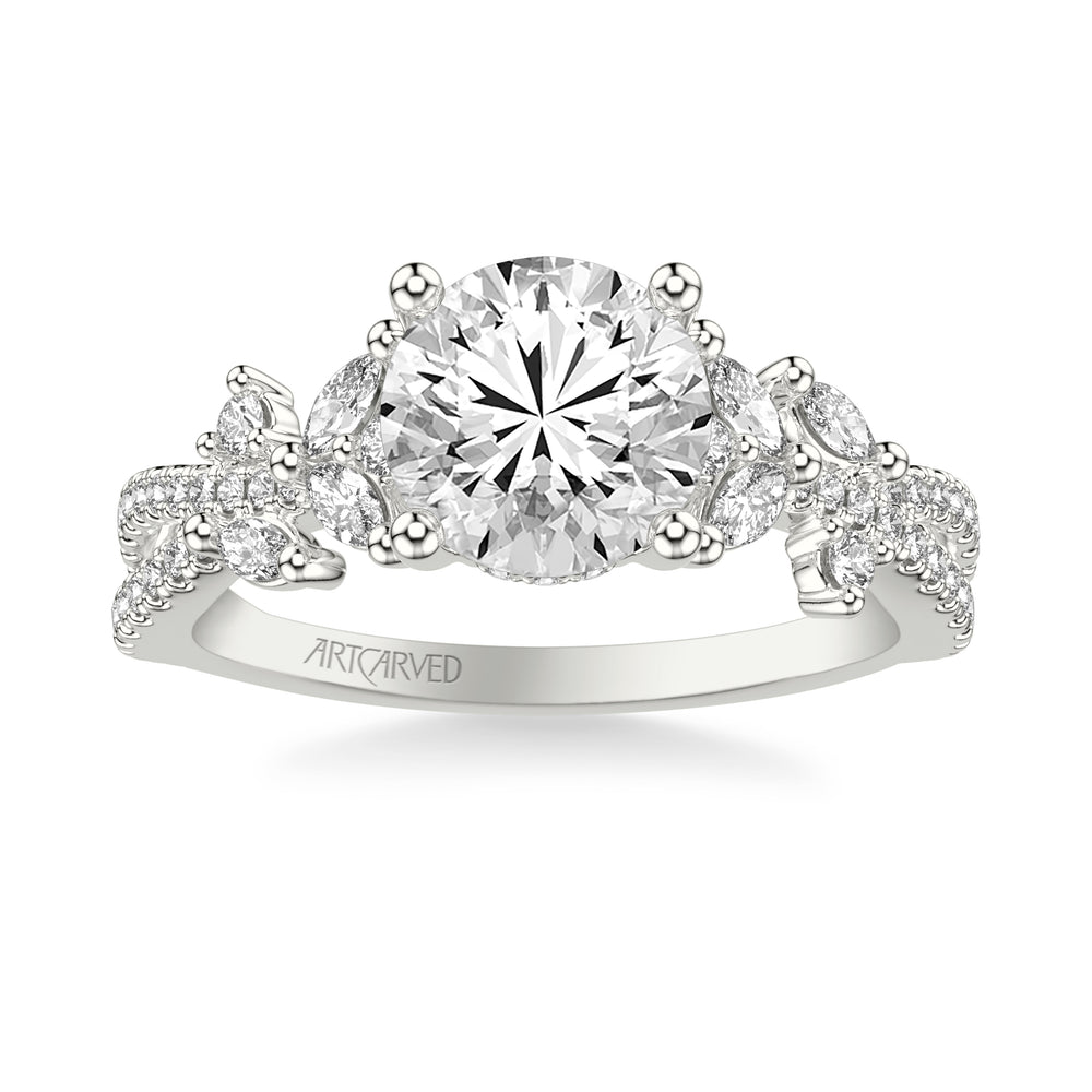 Floral Twist Engagement Ring with Hidden Diamond Halo and Prong Set Marquise and Round Diamond Accents