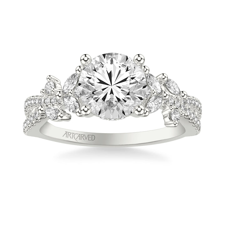 Floral Twist Engagement Ring with Hidden Diamond Halo and Prong Set Marquise and Round Diamond Accents.  Center Stone is not included.