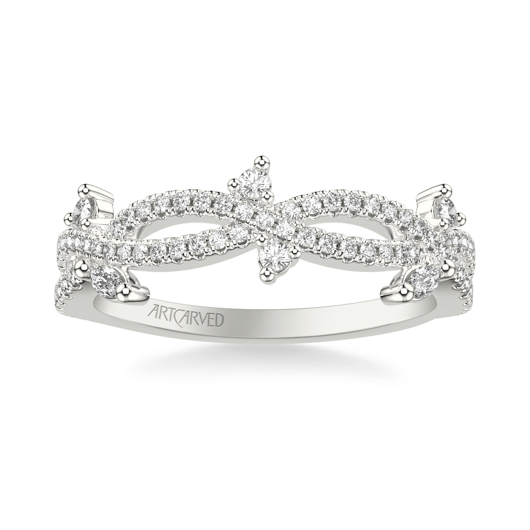 31-V1074-L - ARTCARVED - Floral Twist Wedding Band with Diamond Floating Prong Set Marquise and Round Diamond Accents