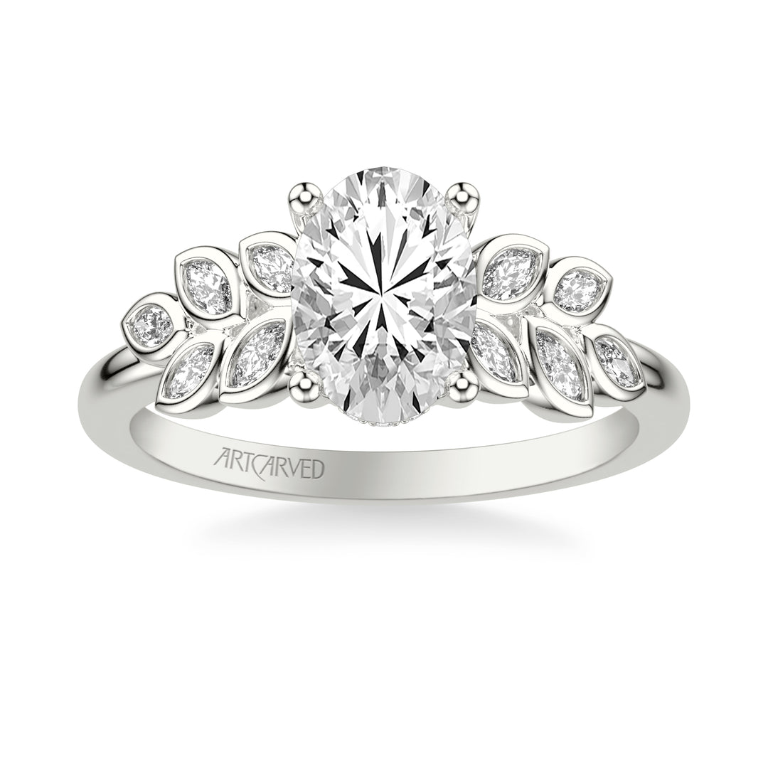 Floral Engagement Ring with Cluster Bezel Set Marquise Diamond Petals and Polished Shank