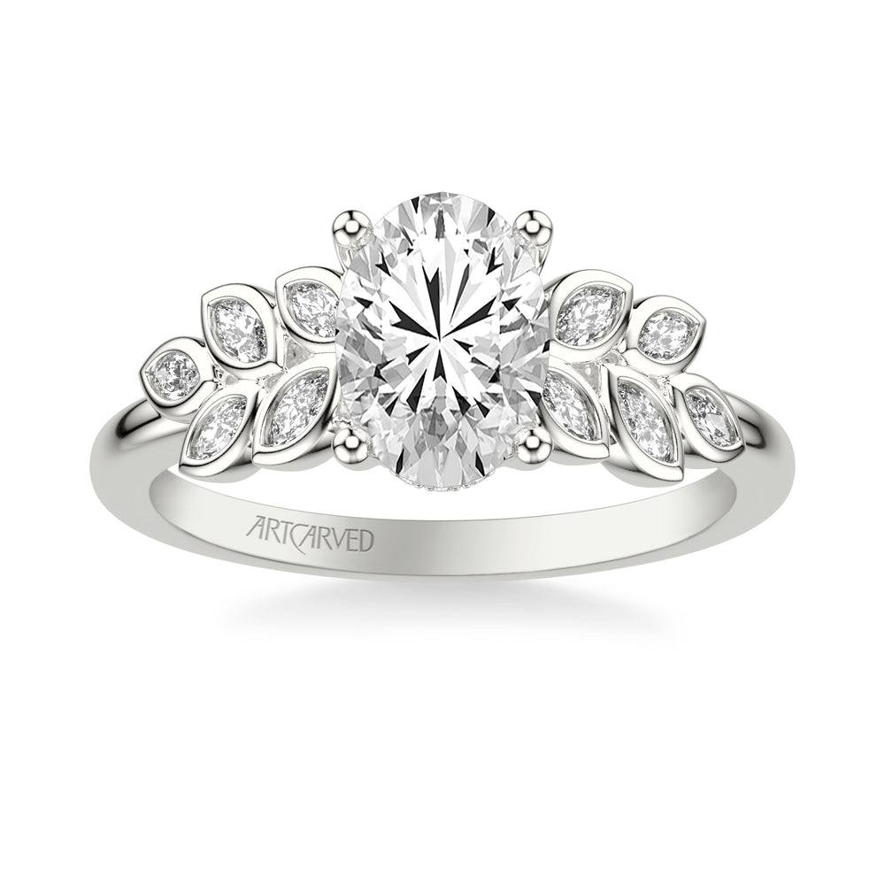 Floral Engagement Ring with Cluster Bezel Set Marquise Diamond Petals and Polished Shank .  Center Stone is not included.