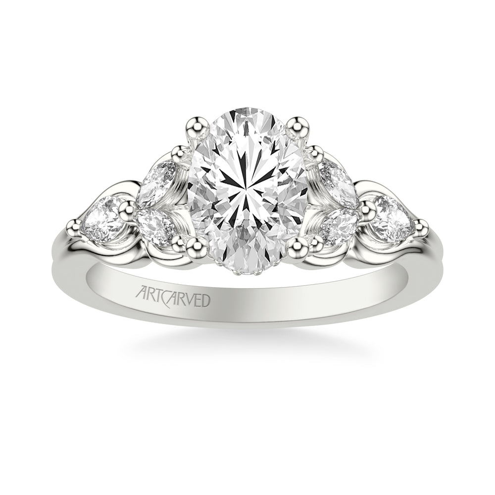 Floral Engagement Ring with Bezel Set Marquise Diamond Petals and Pear Diamond Accents with Double Row Polished Shank.  Center Stone is not included.
