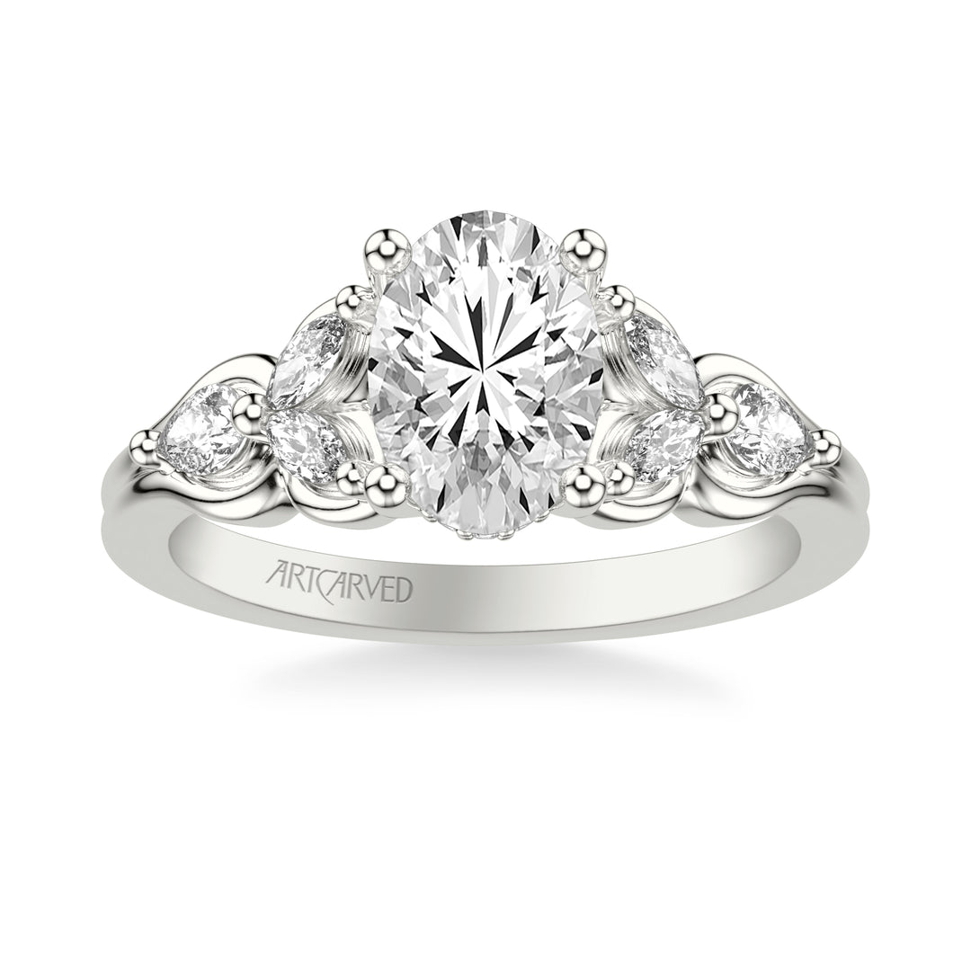 Floral Engagement Ring with Bezel Set Marquise Diamond Petals and Pear Diamond Accents with Double Row Polished Shank.  Center Stone is not included.