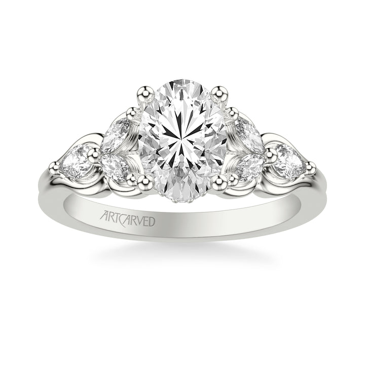 Floral Engagement Ring with Bezel Set Marquise Diamond Petals and Pear Diamond Accents with Double Row Polished Shank.  Center Stone is not included.