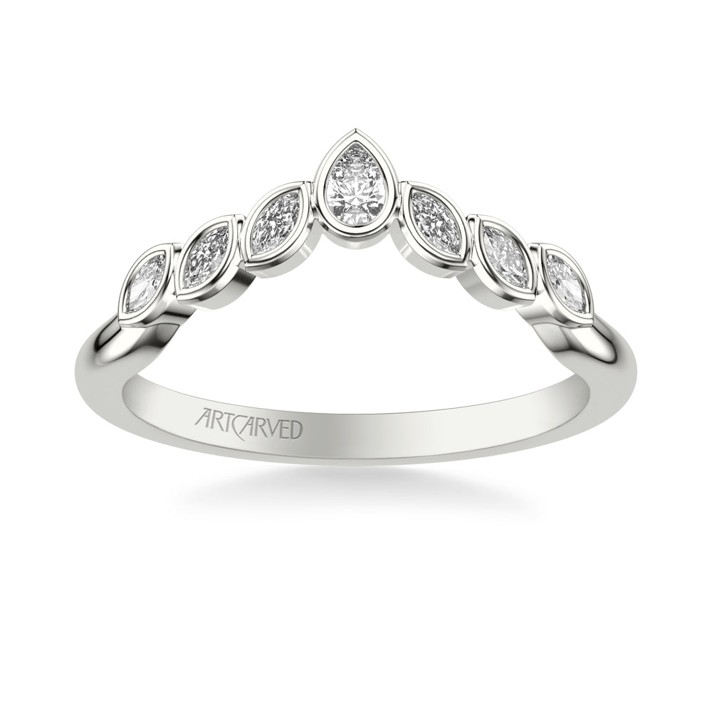 31-V1077-L - ARTCARVED - Floral Curved Wedding Band with Bezel Set Marquise and Pear Diamonds