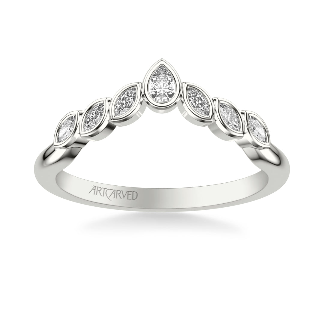 31-V1077-L - ARTCARVED - Floral Curved Wedding Band with Bezel Set Marquise and Pear Diamonds