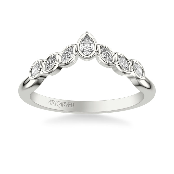 31-V1077-L - ARTCARVED - Floral Curved Wedding Band with Bezel Set Marquise and Pear Diamonds