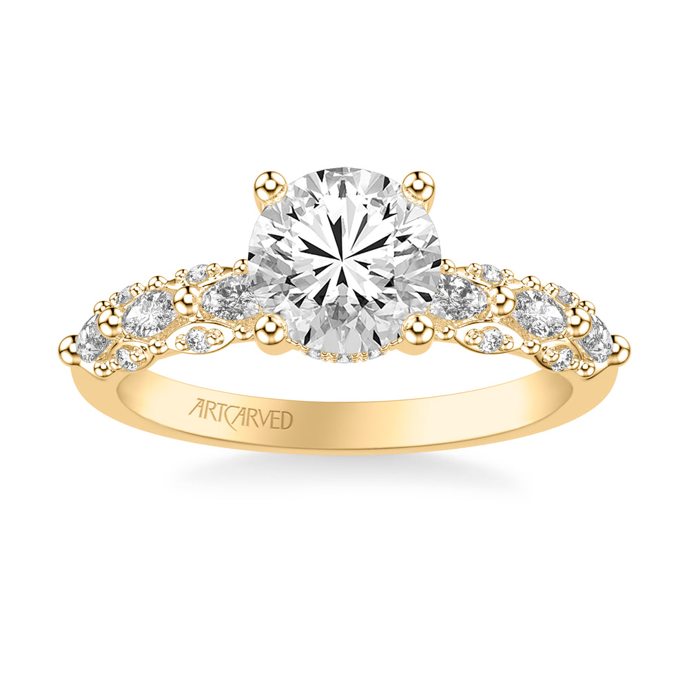 Classic Engagement Ring with Triple Row Prong Set Round and Marquise Diamond Shank.  Center Stone is not included.